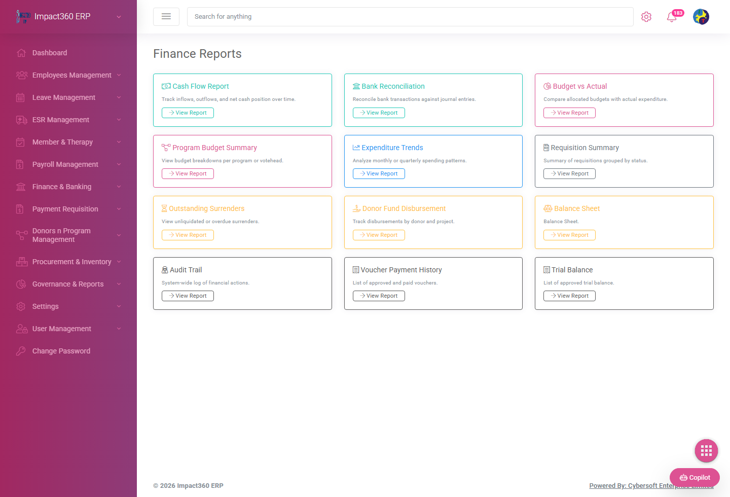 Impact360 ERP finance reports screen