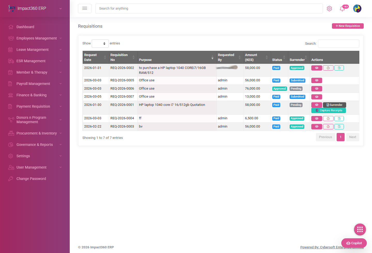 Impact360 ERP requisitions screen