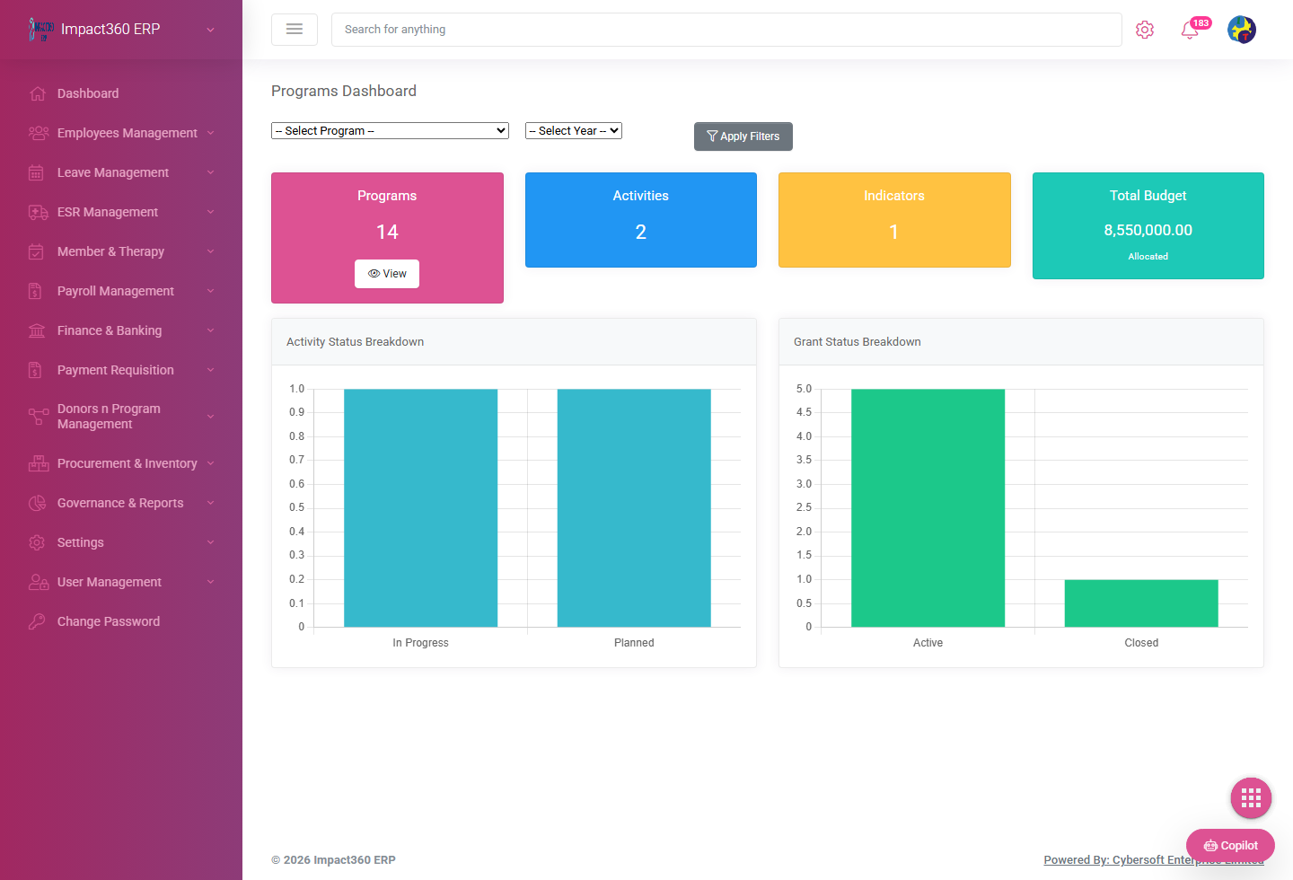 Impact360 ERP programs dashboard screen