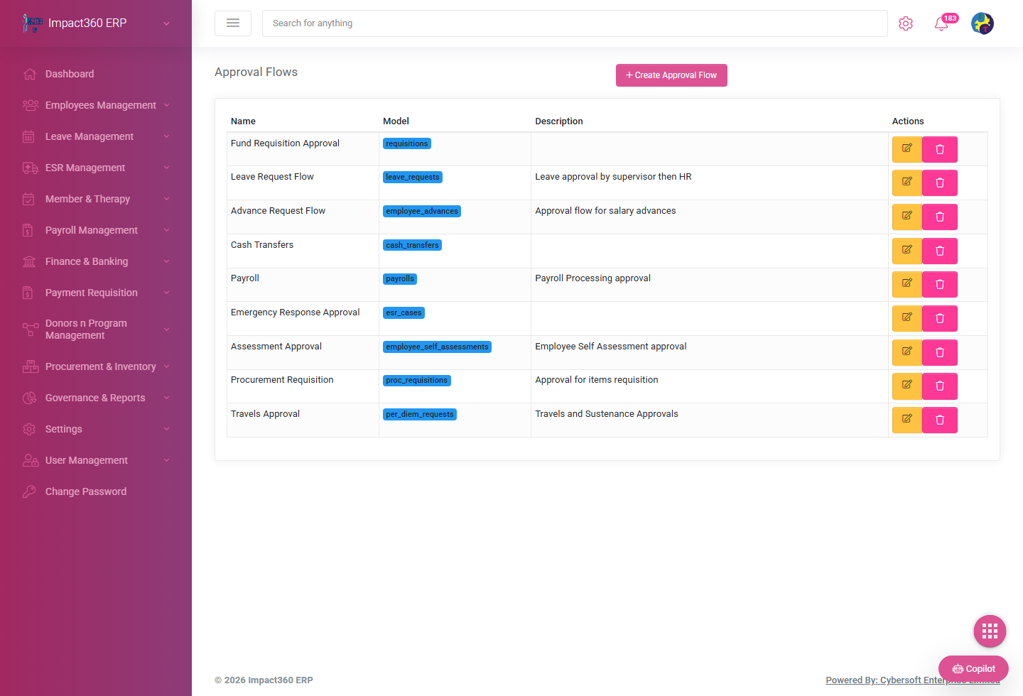 Impact360 ERP approval flows screen